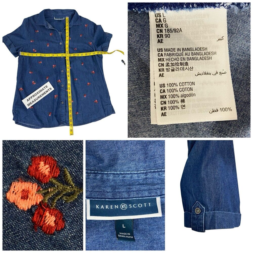 Karen Scott Shirt Womens Large Short Sleeve Top Embroidered Floral Chambray Vtg - Picture 3 of 16